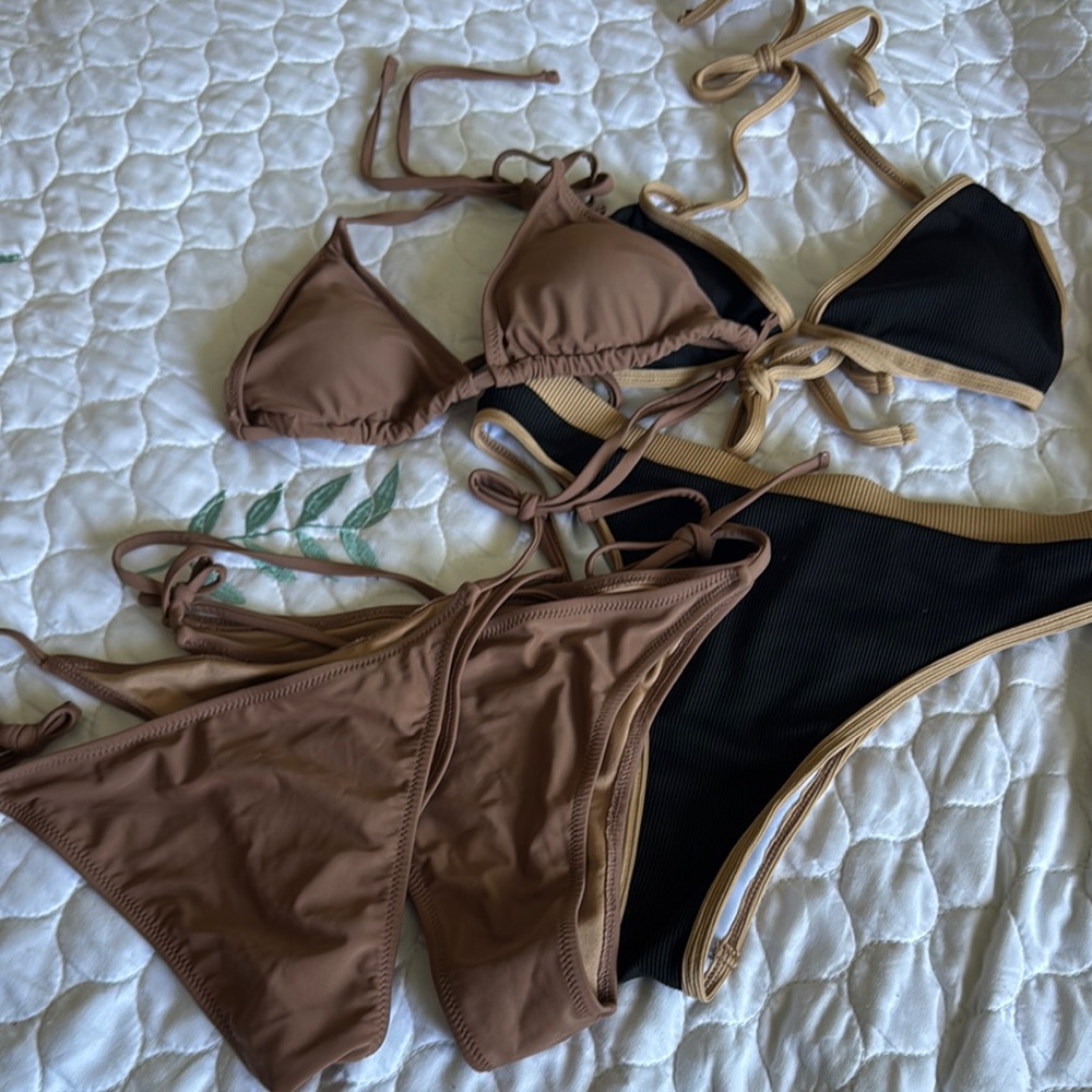 Brown and Black Bikini Set (2 tops, 3 bottom)